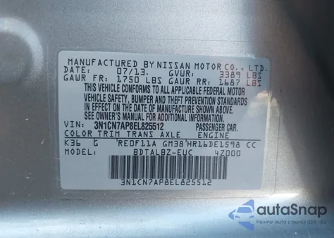 2014 Nissan Versa 1.6 Sv z USA, uszkodzony, nr VIN 3N1CN7AP8EL825512